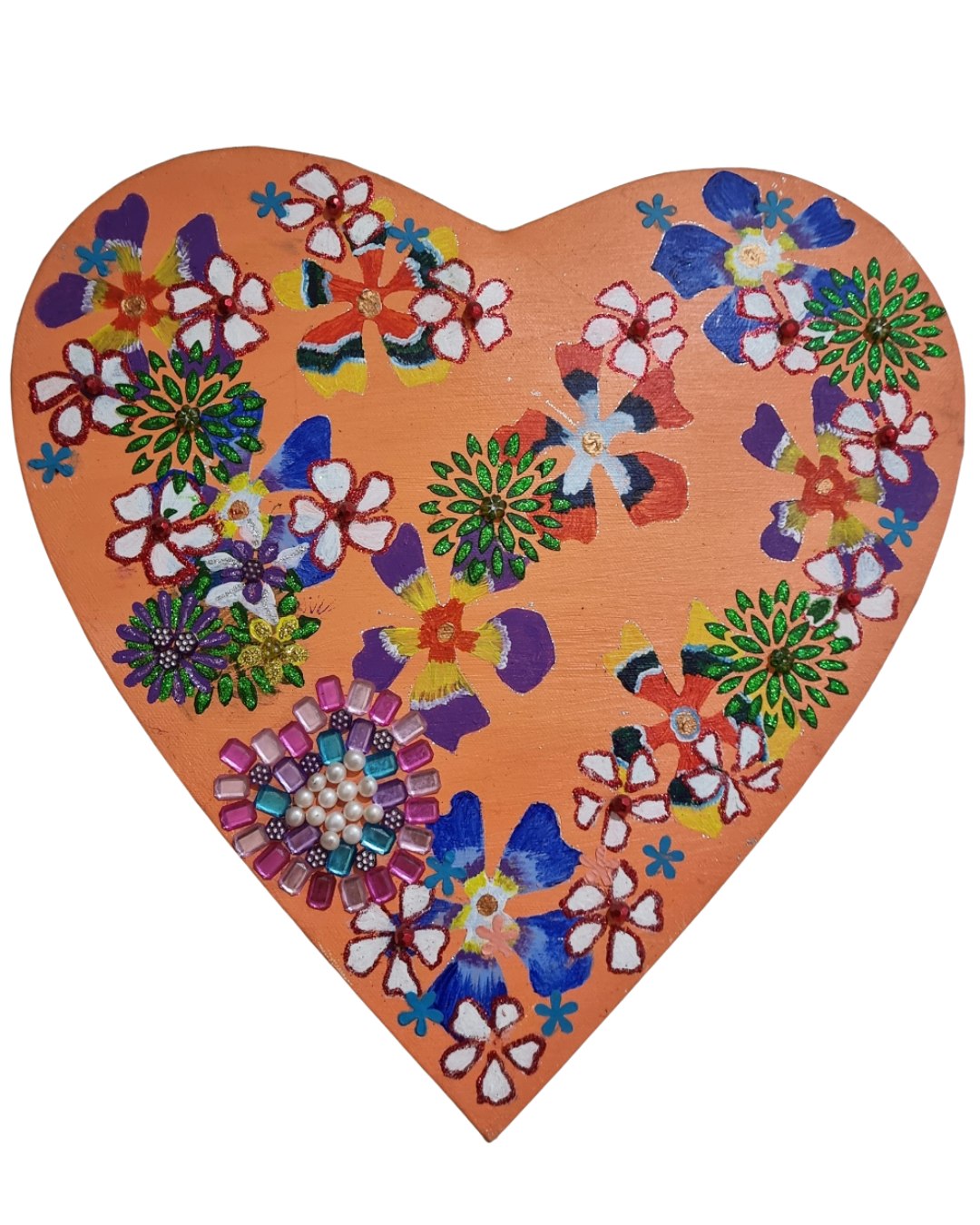 Garden Heart — hand-painted flowers in vibrant colours on shaped wood